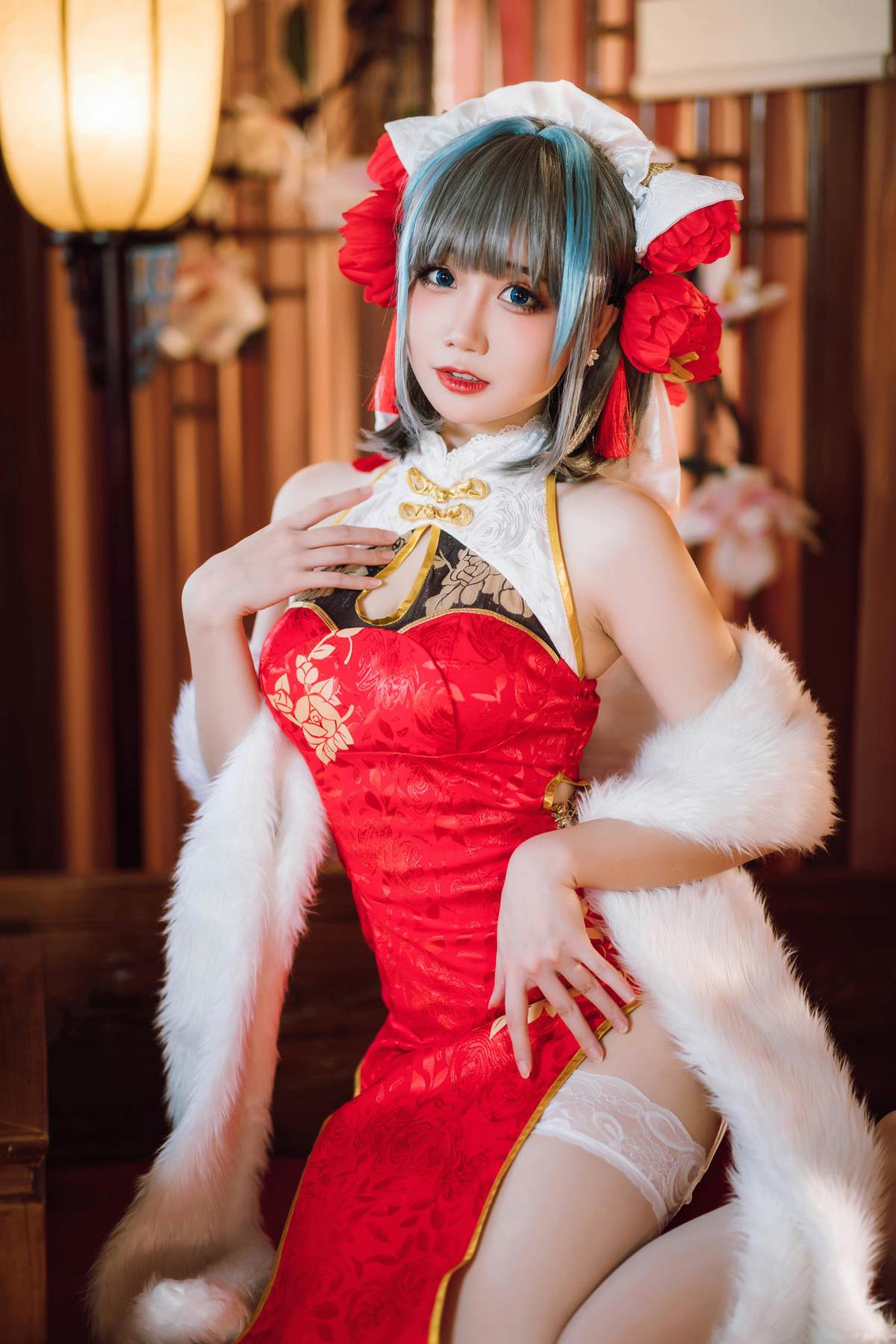 图片[1]-焖焖碳 – cos 柴郡：真人写实碧蓝航线猫娘 银发猫耳撕裂旗袍巨乳白丝开档 极致诱惑堕落无修正 29P-御萝部落
