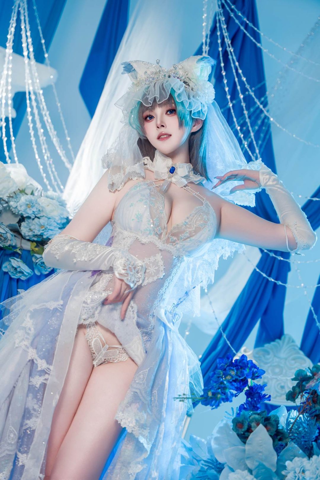 图片[4]-Natsuko夏夏子 – 碧蓝航线 柴郡婚纱：白色婚纱蕾丝内衣 巨乳美腿 70P-御萝部落