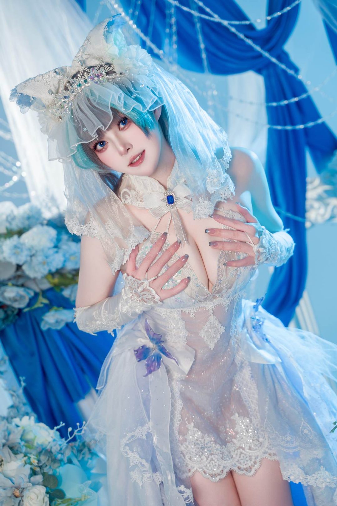 图片[5]-Natsuko夏夏子 – 碧蓝航线 柴郡婚纱：白色婚纱蕾丝内衣 巨乳美腿 70P-御萝部落