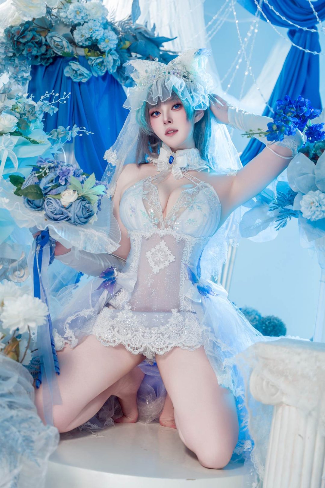 图片[9]-Natsuko夏夏子 – 碧蓝航线 柴郡婚纱：白色婚纱蕾丝内衣 巨乳美腿 70P-御萝部落