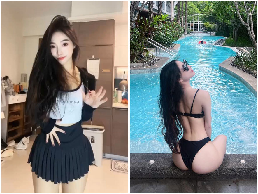 Mimi-蛋儿穿着黑色蕾丝吊带背心