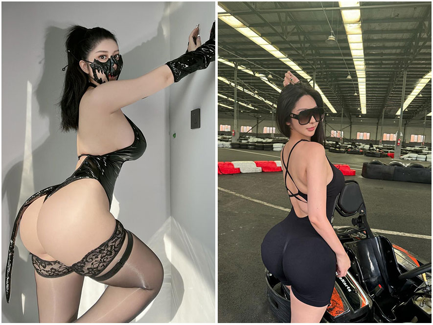 小王同学身着黑色紧身露背长裙