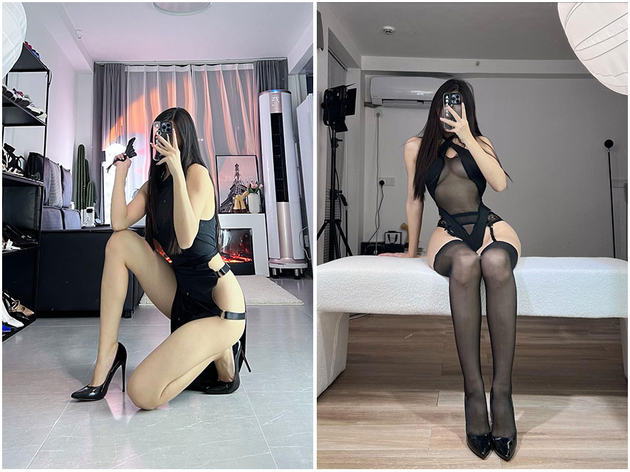 我就是张包包深夜福利私房照,黑色丝绸睡衣展现S型火辣身材曲线