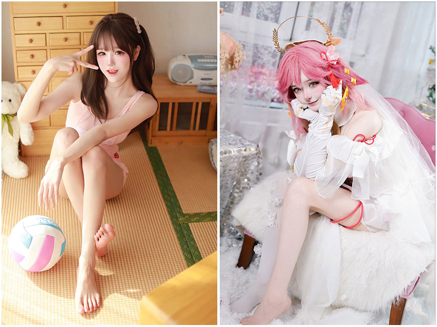 孟程程身穿粉色真丝吊带睡裙在床上摆姿势