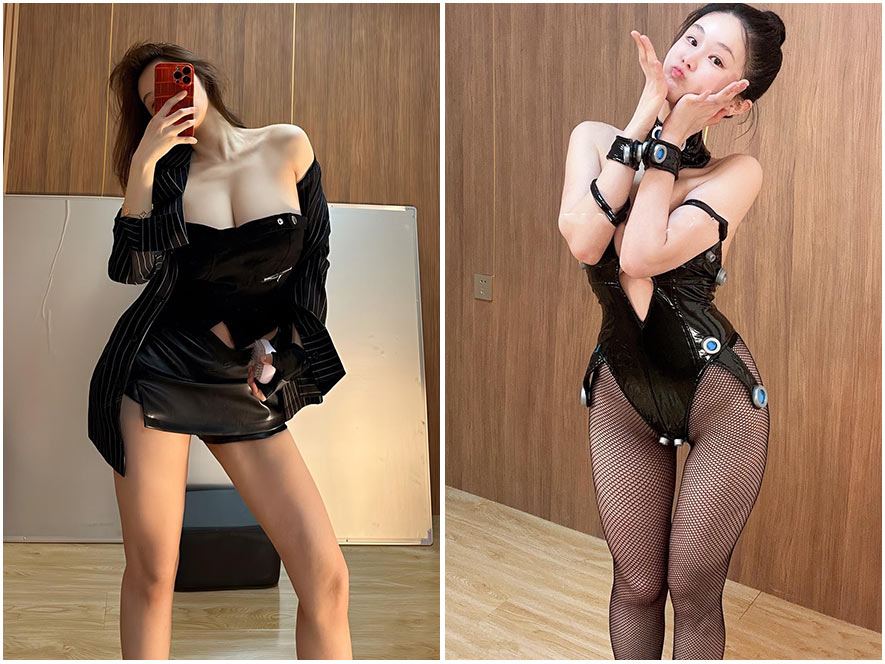 杨纯真黑色丝袜连身裙居家私拍美腿展示