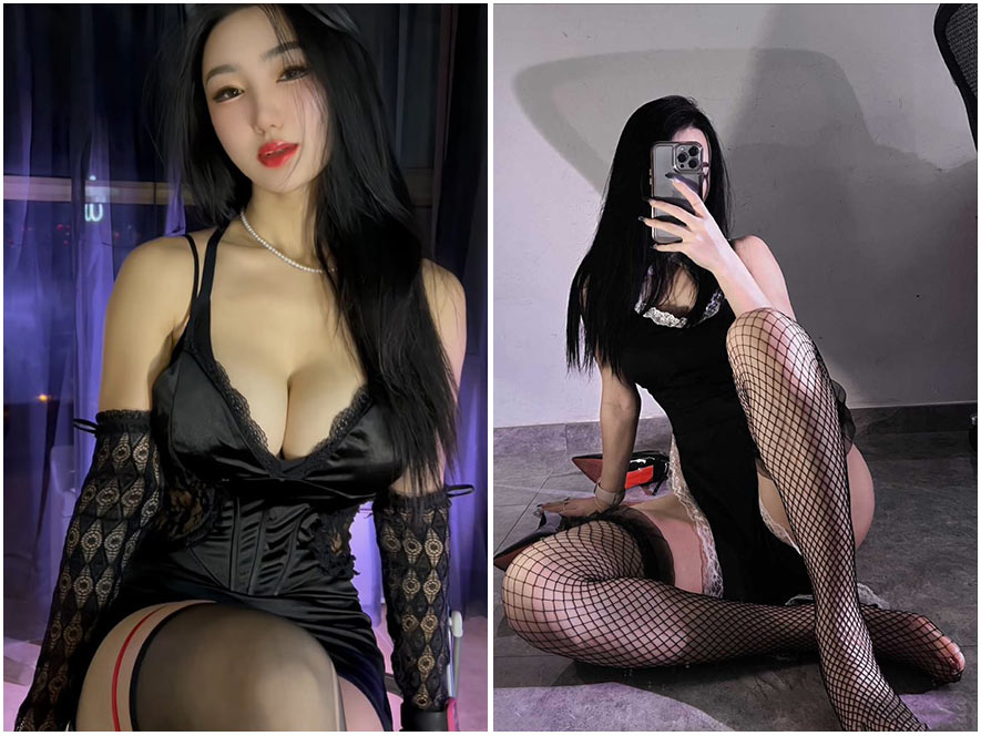 小悦悦性感黑色紧身裙身材展示全身图