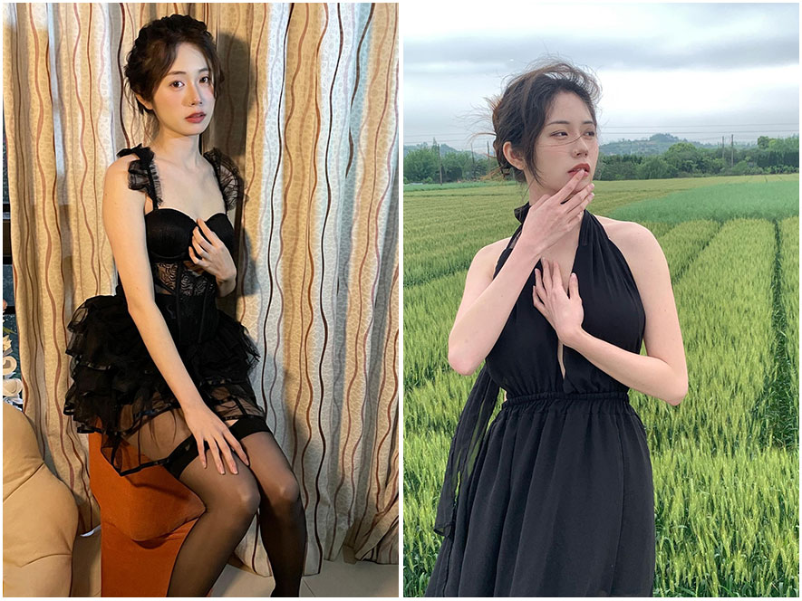 瓶装矿泉水黑色吊带裙写真展现迷人锁骨