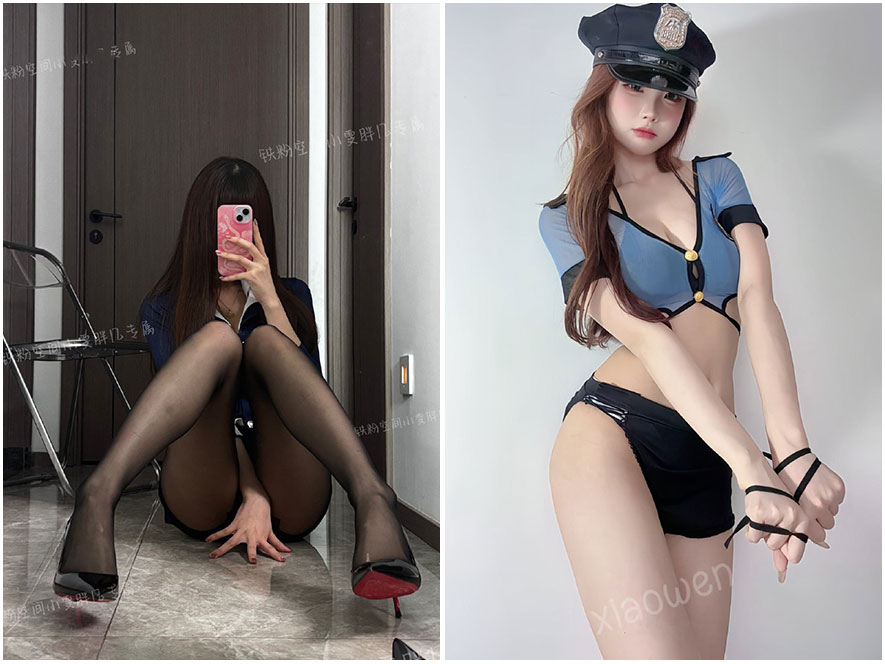 小雯胖几COS某游戏角色，身着紧身皮衣战斗服