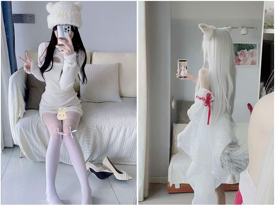 雪顶身着一袭白色吊带长裙在海边漫步