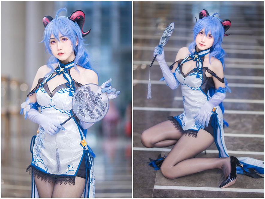 呆猫猫cosplay原神角色甘雨展示精致妆容和服饰细节的高清图片
