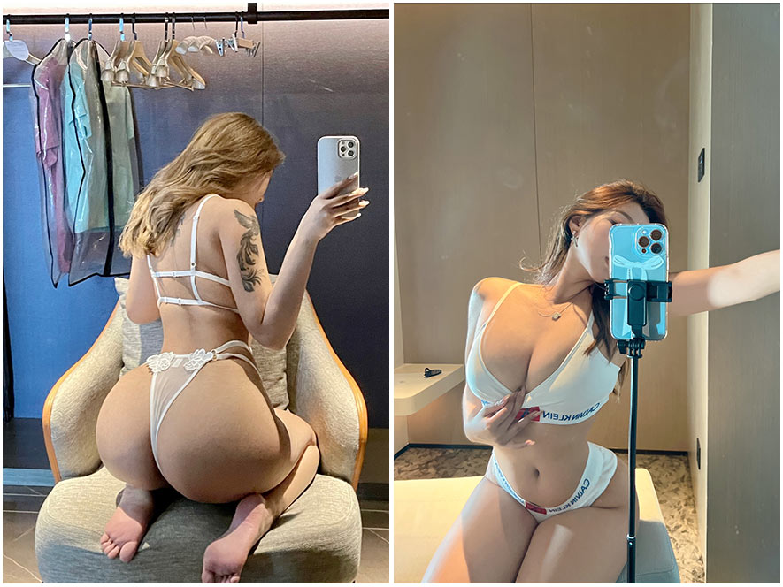 筱洁穿着白色蕾丝睡衣跪坐在床上眼神无辜地望着镜头