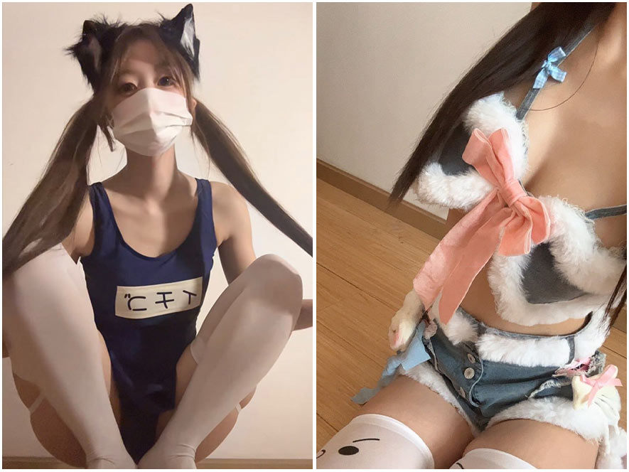 笨蛋小粉猫身穿粉色女仆装对镜自拍