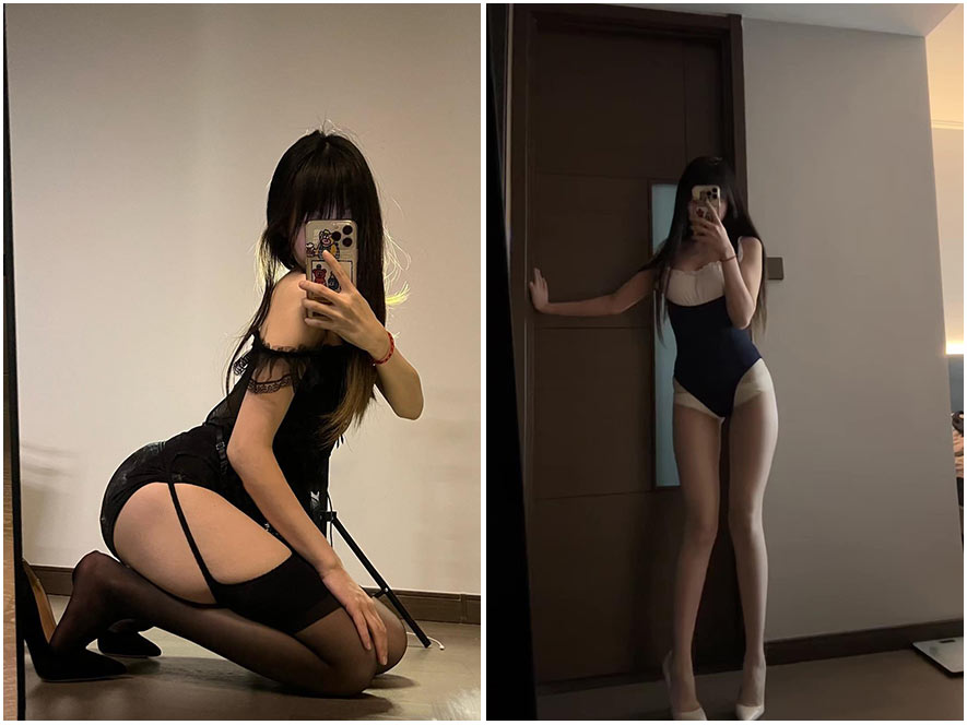 抖音网红KhunnieXie身穿黑色紧身礼服的镜面自拍，身材曲线S型尽显